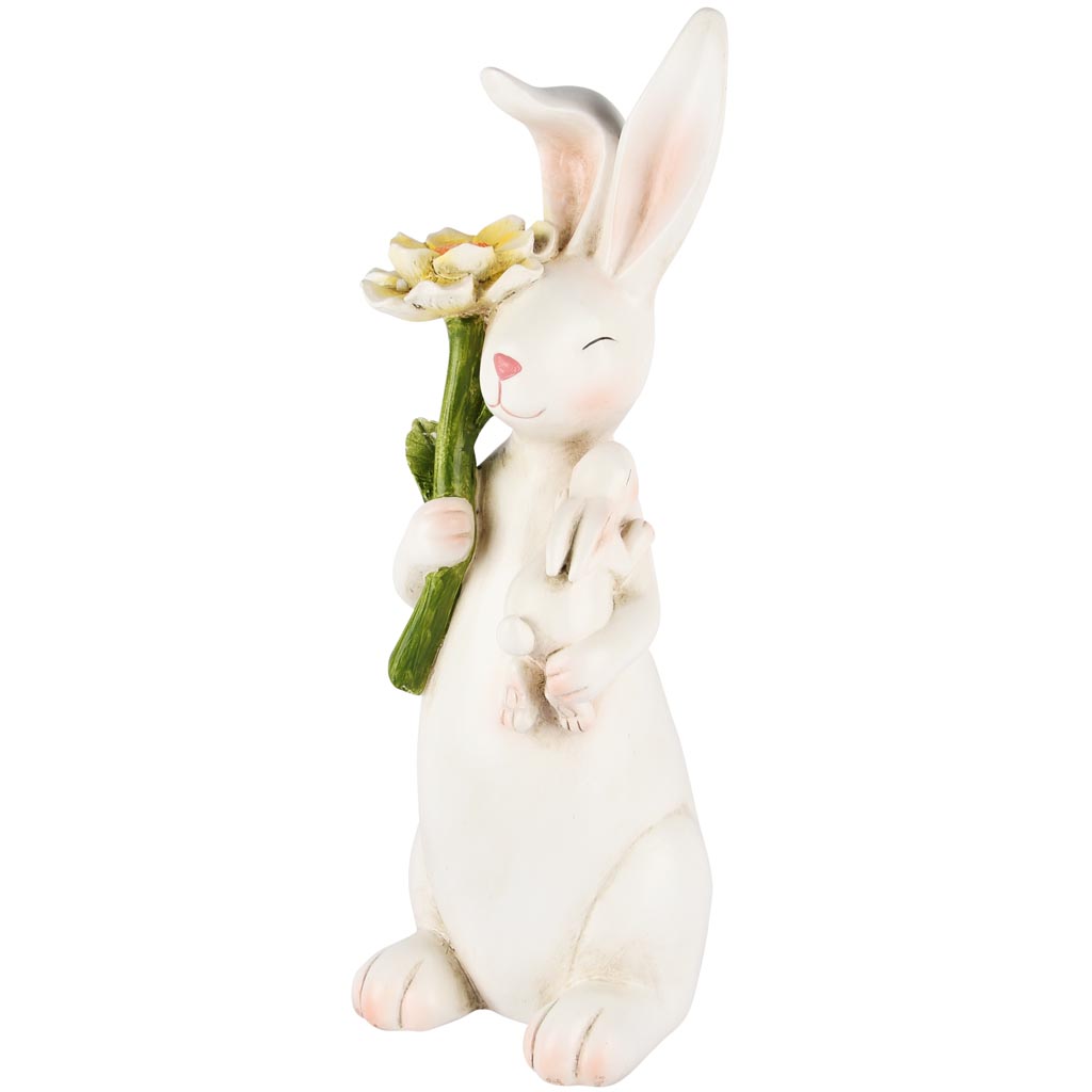 Dekoratief | Bunny zittend m/bloem, wit, resina, 17x14x35cm | A250560