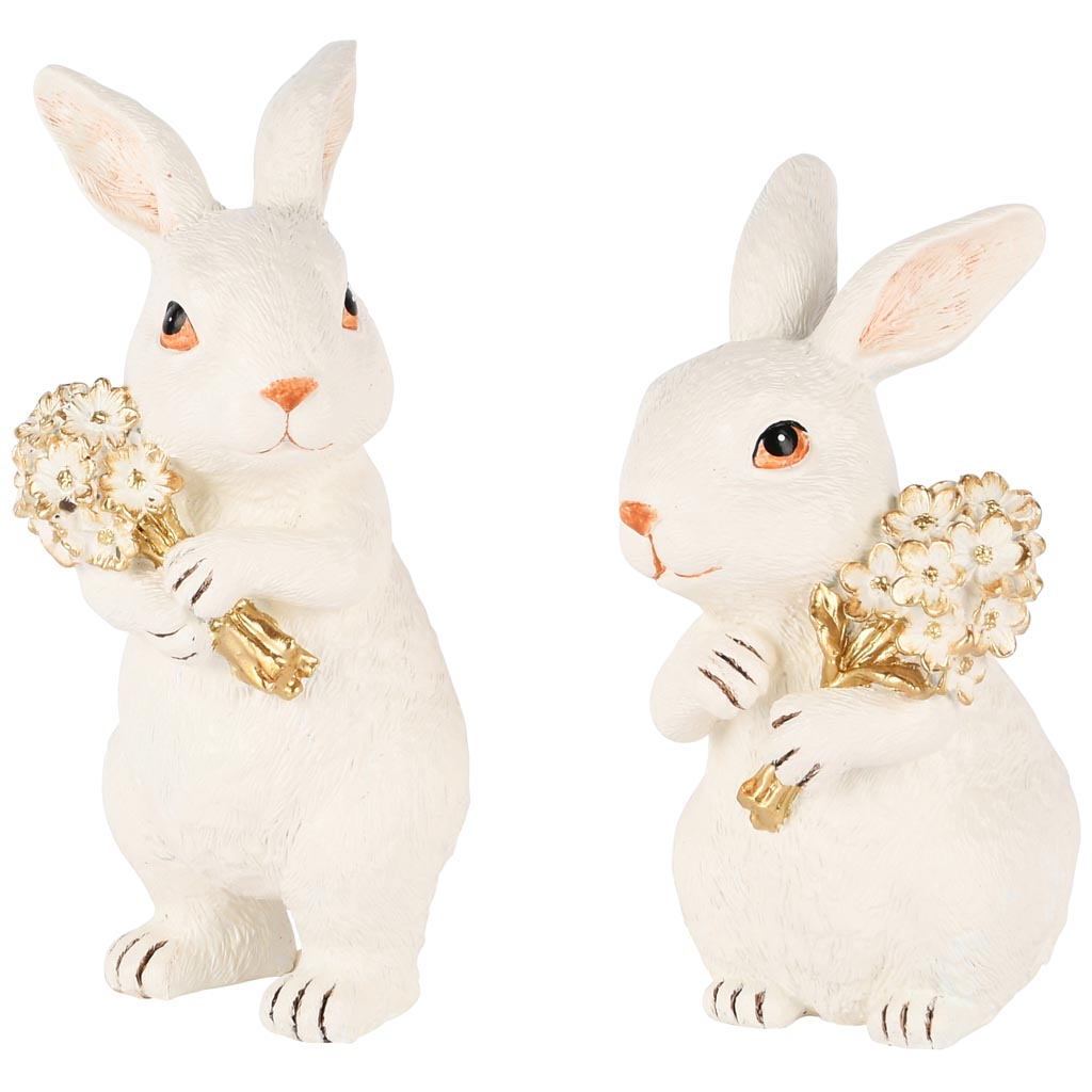 Dekoratief | Bunny m/boeketje, wit/goud, resina, 10x9x18cm, set van 2 stuks | A250570