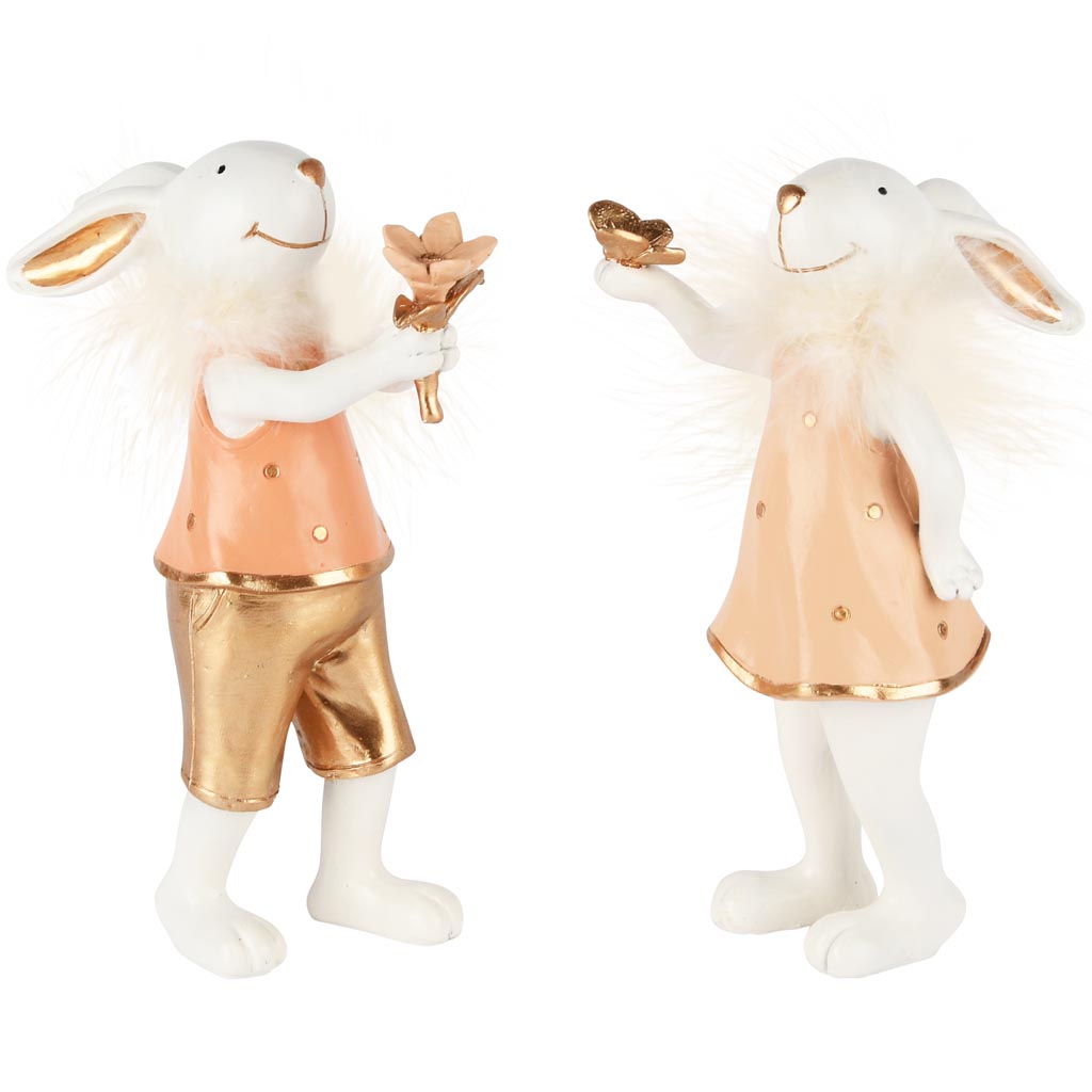 Dekoratief | Bunny pluimenkraag staand, wit/goud/roze, resina, 13x6x19cm, set van 2 stuks | A250584