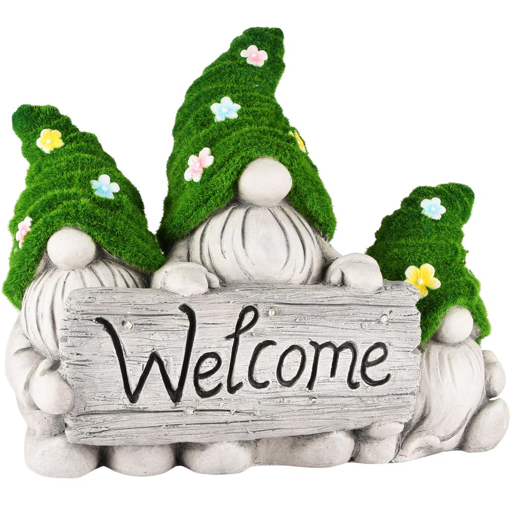 Dekoratief | Trio gnomes 'Welcome', groen/grijs, magnesium, LED, 39x15x33cm | A250702