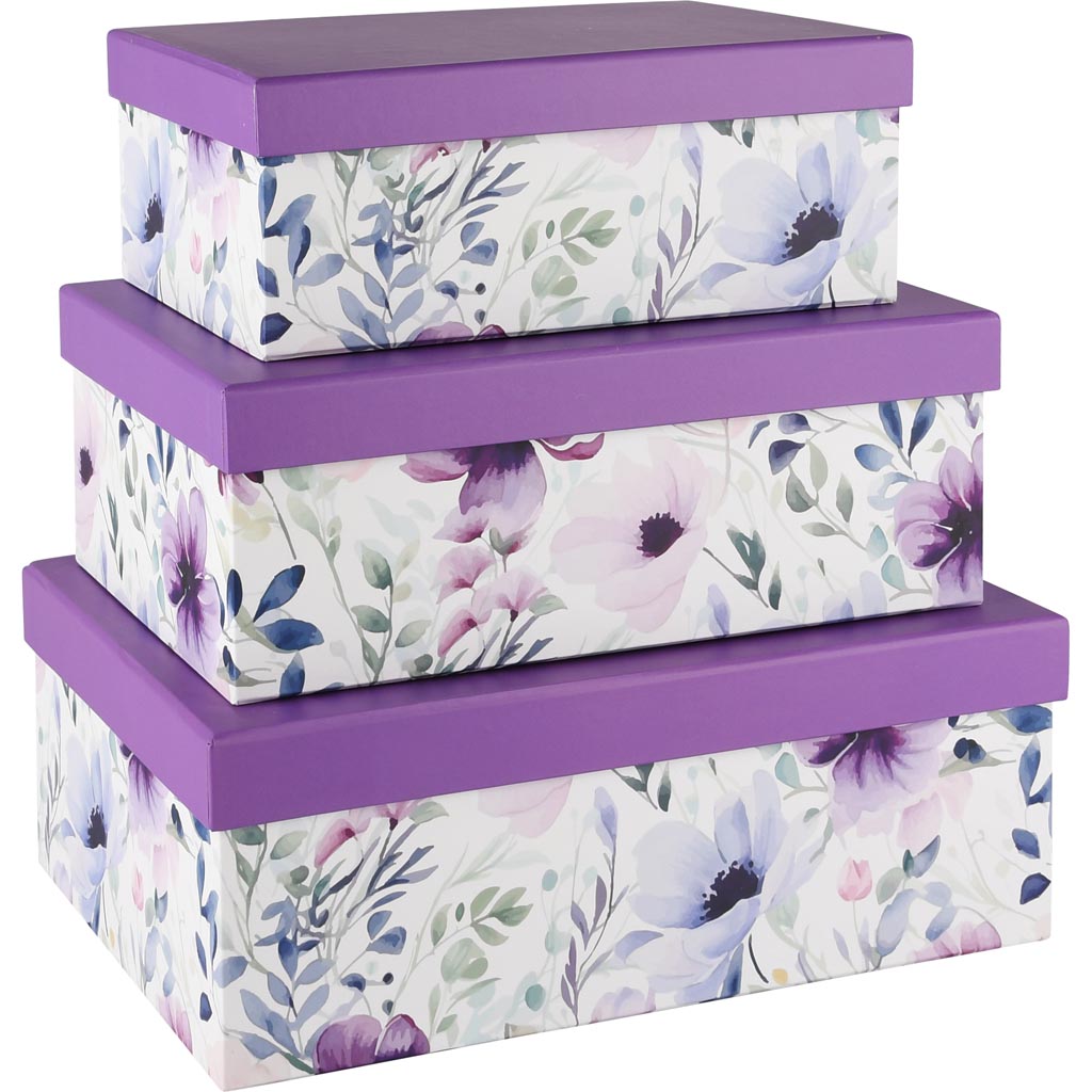 Dekoratief | Set 3 dozen rechthoek, 'Purple Flowers', karton, 26x18x10cm | A250780