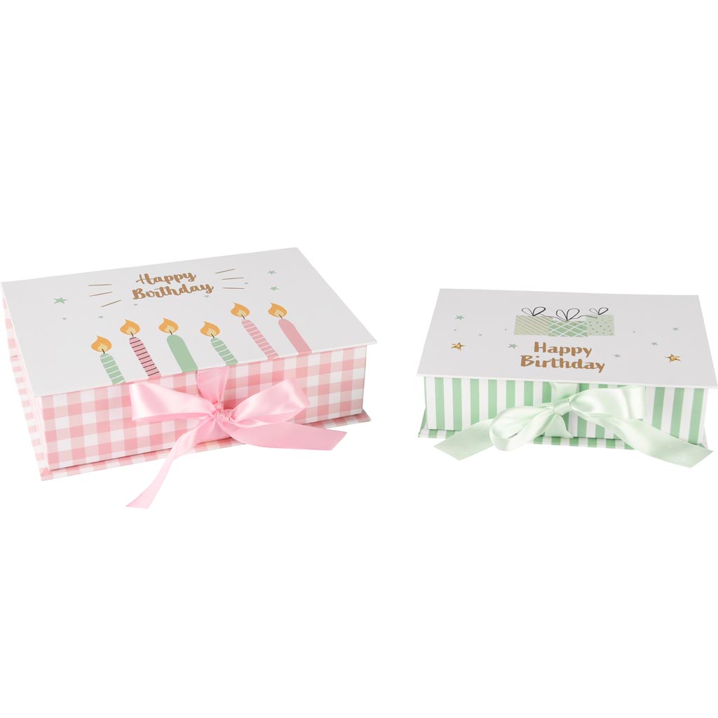 Dekoratief | Set 2 dozen rechthoek m/strik 'Happy Birthday', karton, 21x15x6cm | A250783