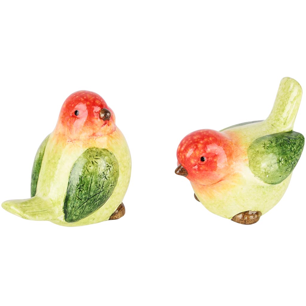 Dekoratief | Vogeltje 'Albert', groen/rood/geel, keramiek, 8x6x7cm, set van 2 stuks | A250946