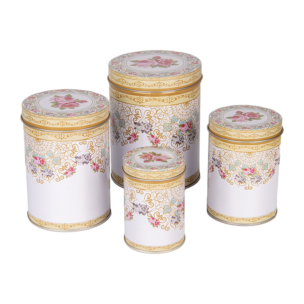 Clayre & Eef   | Opbergdoos set van 4 Wit Roze ø 11x14 /ø 9x13 /ø 8x11 /ø 6x9 cm | 6BL0140